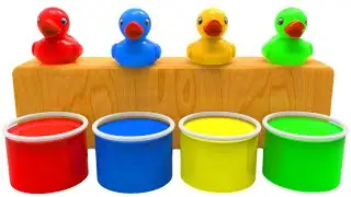 4 Little Yellow Ducks Drop in Colored Buckets 3D Animation