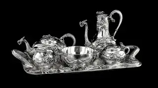 ANTIQUE 20thC JAPANESE SOLID SILVER TEA SERVICE ON TRAY, MIYAMOTO c 1900