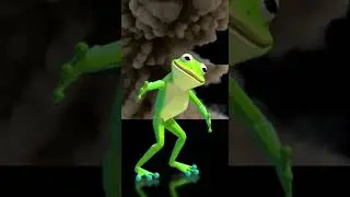 Low-poly 3D frog dancing in front of green screen explosions