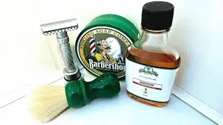 Pearl Flexi Open comb Razor. Stirling Barbershop Soap. Yaqi Dandelion Brush. Willy's Blade.
