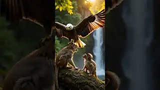 Monkey and Eagle Meet Beside a Forest Waterfall