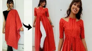 Convert SAREE/LeftOver Fabric into Front SLIT ANKLE Length KURTA | Diy TRENDY Neck Kurti