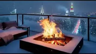 NYC Rooftop Blizzard Ambience ❄️🔥 Fire Pit, Snow & City Wind | Winter Night Sounds (3 Hours)