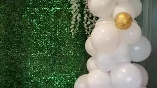 White organic  #chromegold and #confetti balloons on a green wall.