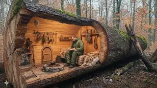 30 days of survival - Build a warm shelter inside a tree hollow, alone bushcraft