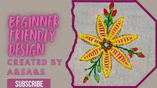Embroidery Flower with Red Stripes & Yellow Outline | Beginner-Friendly Design| Learn Easy Stitches