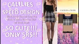 [ROBLOX SPEED DESIGN] Black Mesh Sleeved Crop Top x Black & White Side Cut Skirt w/ Black Heels