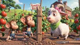 Aventura en la Granja: Monito y Cabrita Cosechan Tomates Rojos 🍅🐒