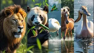 animal moments: lion, panda, flying parrot, horse, swan, hippo - animal sounds