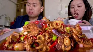【合集】三种辣椒炒4斤八爪鱼，婷妹直言没吃饱不够过瘾！小杨吃的满嘴流油！