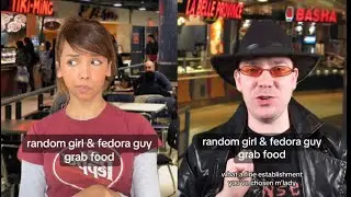 случайная девушка и парень в фетровой шляпе берут еду