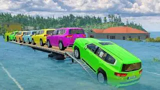 Triple Flatbed Trailer McQueen Transportation with Truck - Speedbumps vs Cars vs Train - BeamNG #33