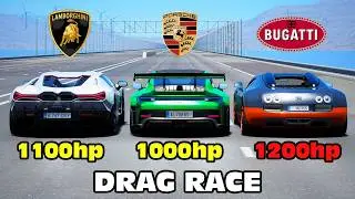 1000HP Porsche 911 GT3 RS vs Bugatti Veyron vs Lamborghini Revuelto DRAG RACE