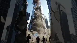A modern skyscraper collapsing in the middle of a city, people running for safety (simulation)