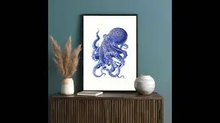 Blue Octopus Art Print | European Nautical Wall Decor | Vintage Marine Biology Poster