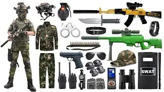 Special Police Weapons Toy set Unboxing-Gold AK-47 guns, AWM  Sniper, Gas mask, Glock pistol, Dagger