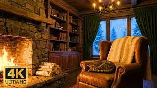 Winter Cabin with Purring Cat & Fireplace ❄️ | Relaxing Country Music & Crackling Fire [4K]