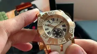 一隻價錢相宜，但外表架勢的一隻日內瓦印記運動金錶。 Roger Dubuis Easydiver Rose Gold 40mm