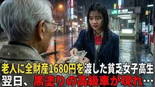 土砂降りの雨の中ぐったりしているお爺さんに全財産1680円を渡した貧乏女子高生。次の日、学校の前に黒塗りの高級車が現れて   【感動する話】