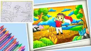 Menggambar dan mewarnai tema kemerdekaan dengan menggunakan oil pastel