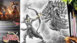 Dussehra Drawing Sketch, Ravan Dahan Drawing, Lord Ram Killing Ravan Drawing, Step By Step Tutorial