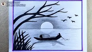 Easy Sunset Scenery Drawing | Boat on River Pencil Sketch | Simple Landscape Art