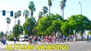 Autumn morning walk in the city downtown residential area in Seville Spain