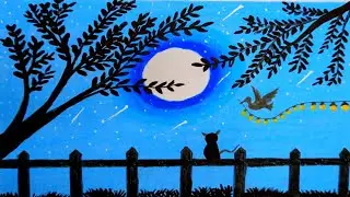 How to Draw Magical Night Scenery Drawing | Moon, Cat, Bird & Beautiful Lights Art 