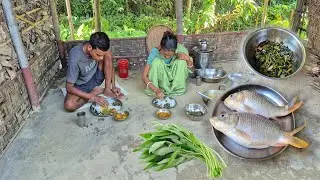 American Rui Fish Curry & Kolmi Shak Vaji Cooking In Eating Traditional Method By Mother And Son 