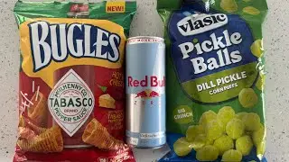 Vlasic pickle balls, Bugles Tabasco, Red Bull with monk fruit.