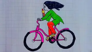 Beautiful Girl Riding Bicycle Drawing & Coloring | Easy Art for Kids