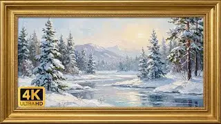 Textured Winter Landscape for Frame TV: Snowy Pine Forest & Frozen River in Gold Frame (4K)