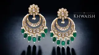Statement Kundan Polki Chandbali Earrings with Emerald Green Beads
