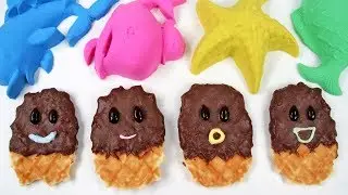 WAFFLE COOKIES GET EYES AND MOUTHS! LEARN COLORS MAKING SEA ANIMALS OUT OF KINETIC SAND