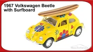 1967 Volkswagen Beetle w/ Surfboard, Yellow w/ flowers - Kinsmart 5057DS - 1/32 scale Diecast Car