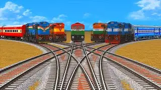 5 Diesel Trains Crazy Crossing at Three Line Railroad track | Bumpy Forked Diamond Railroad Crossing