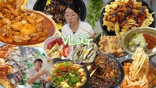 [냉이편] 방구석 푸드프로세서🧑🏻‍🍳먹방브이로그 (엽닭, 요아정, 베란다 삼겹살, 쟁반짜장, 탕수육, 할머니냉면, 김치어묵칼국수, 바질 샌드위치, 어묵탕) VLOG