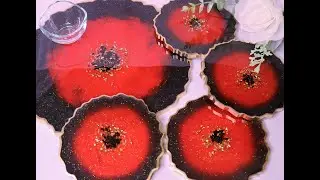 Gothic Black and Red Resin Geode Coasters with Gold Accent