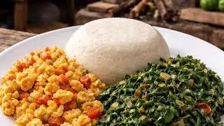 Simple sukuma wiki/collard greens, scrambled eggs with ugali 😋