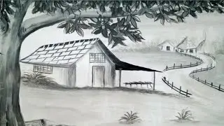 Bangladeshi village scenery drawing and painting | Village landscape painting | Village art
