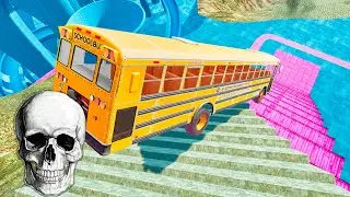 BeamNG Drive USA School Bus Crash &ndash; Stairs Jumps Down With Extreme Damage Physics