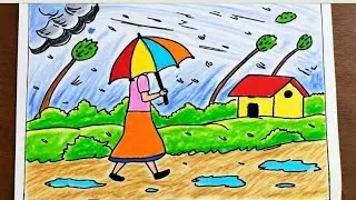 RAINY DAY DRAWING/HOW TO DRAW RAINY SEASON DRAWING STEP BY S# house village @RongdhonuArtandDrawing 