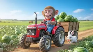 Monkey Drives a Tractor to Harvest Watermelons and Rescues a Baby Rabbit
