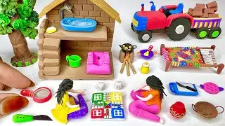 DIY How to make polymer clay miniature Village House, washroom set, Kitchen set, Tree, Charpai |pt10