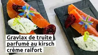 Gravlax de truite parfumé au kirsch, crème raifort
