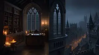 A Medieval Study Above the City | Rain & Fire Ambience