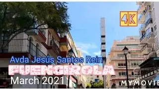 FUENGIROLA,  Walk through Avda. Jesus Santos Rein. March 21, Spain. Malaga. 4k.