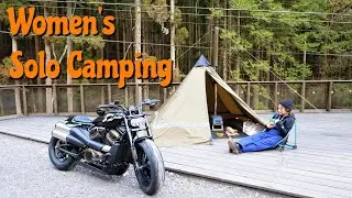 【女子ソロキャンプ】スポーツスターSで薪ストーブソロキャンプ！Wood stove solo camping in a Sportster S! motorcycle camping バイク ストーブ