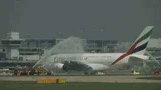 Emirates A380 Water Canon Salute Manchester UK