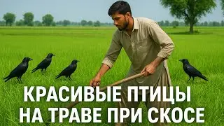 🌞🖤 Красивые чёрные птицы на зелёной траве во время покоса 🌿